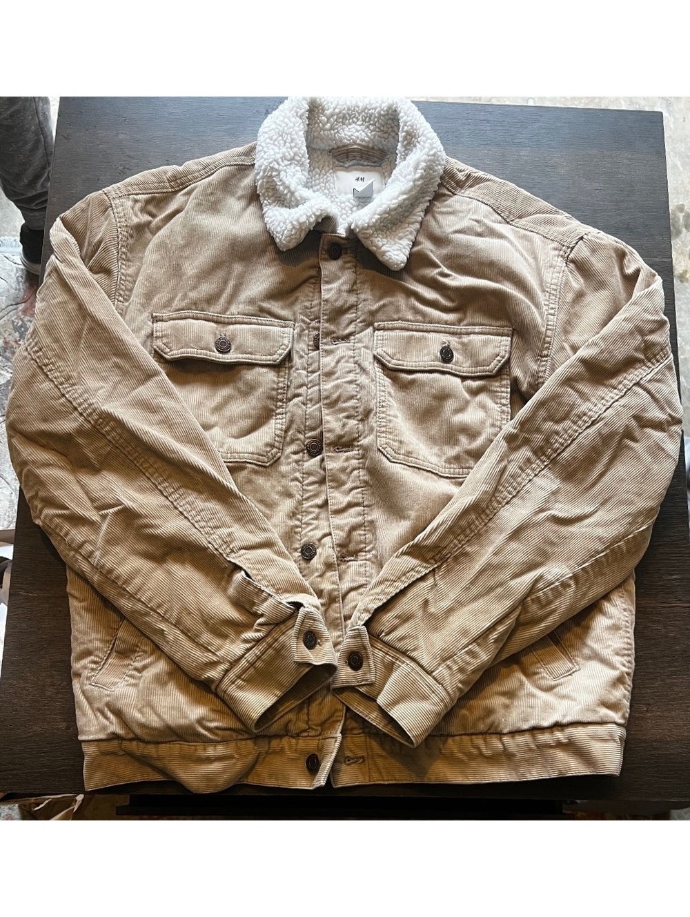 H&M Men's Tan Corduroy Sherpa Lined Trucker Jacket Fleece Collar
